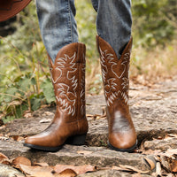 Men's Embroidered Western Cowboy Boots with Wooden Heel - Classic Fall Boots