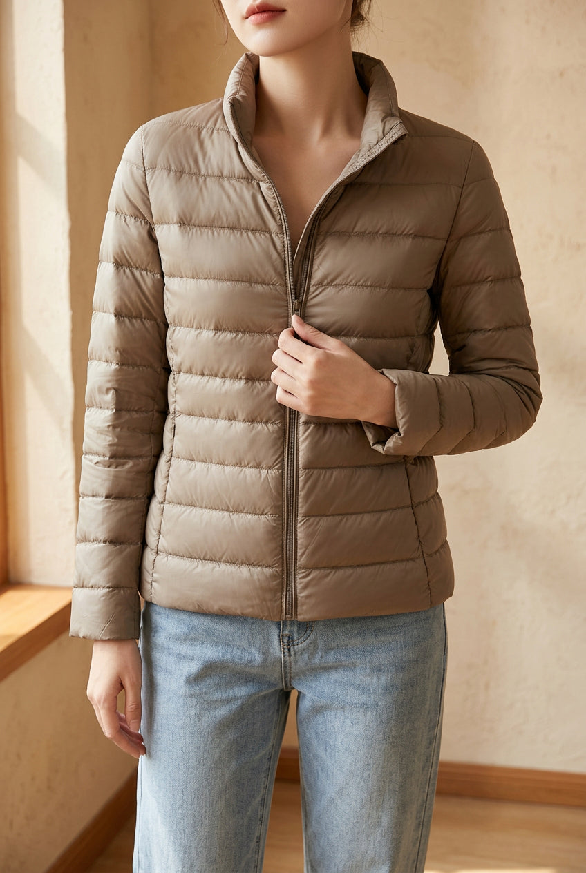 Women's Cropped Puffer Jacket - Lightweight Stand Collar Down Jacket for Fall & Winter