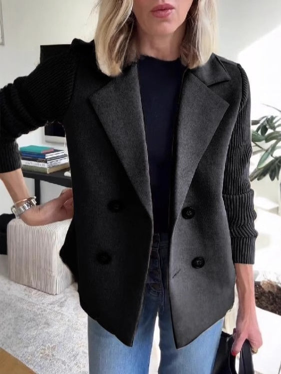 Womens Double Breasted Coat - Suit Collar Textured Hip Length