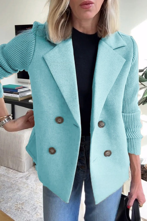 Womens Double Breasted Coat - Suit Collar Textured Hip Length