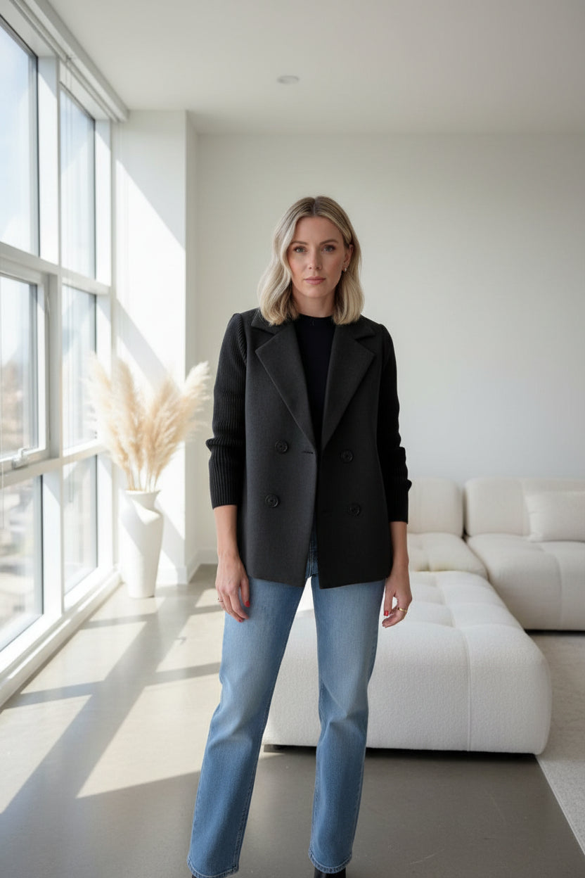 Women's Double Breasted Coat - Hip Length Winter Overcoat with Suit Collar, XS-5XL
