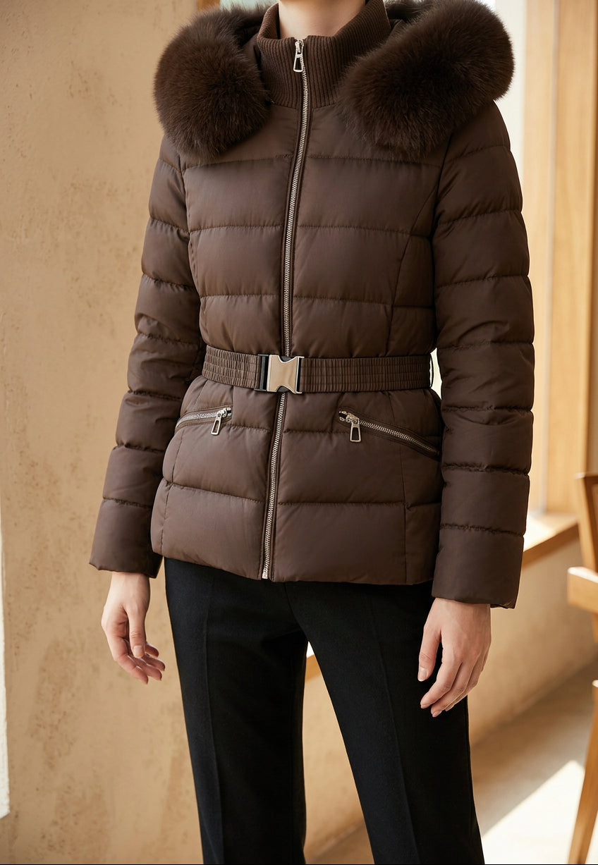 Women's Belted Puffer Jacket - Short Down Coat with Faux Fur Hood, Warm Winter Jacket