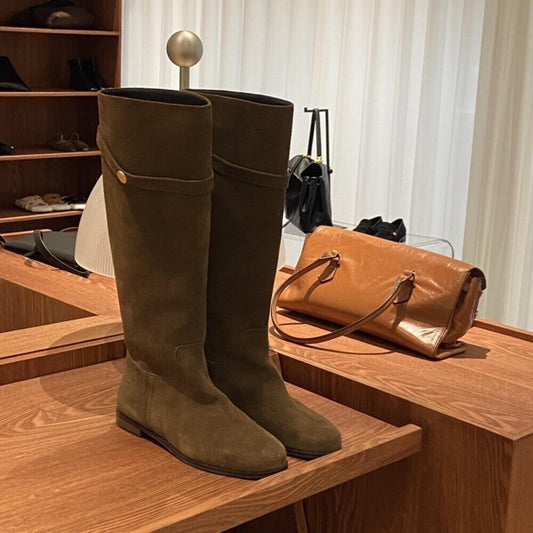 Womens Knee High Leather Boots - Tall Long Boots, Gold Buckle