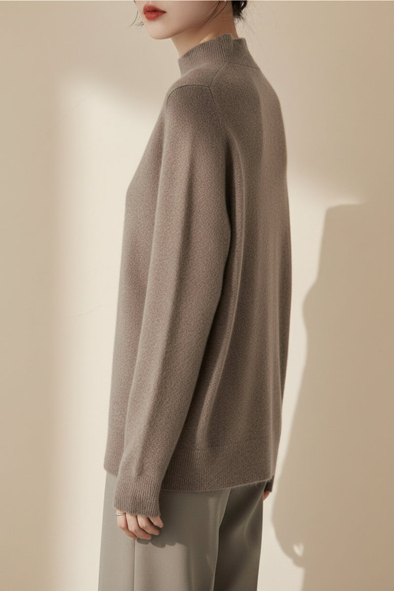 Womens Mock Neck Knitted Sweater - Loose Fit Winter Pullover