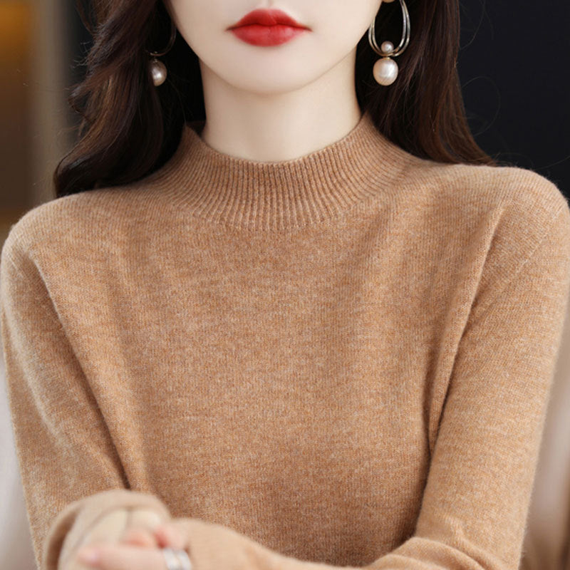 Womens Mock Neck Knitted Sweater - Loose Fit Winter Pullover
