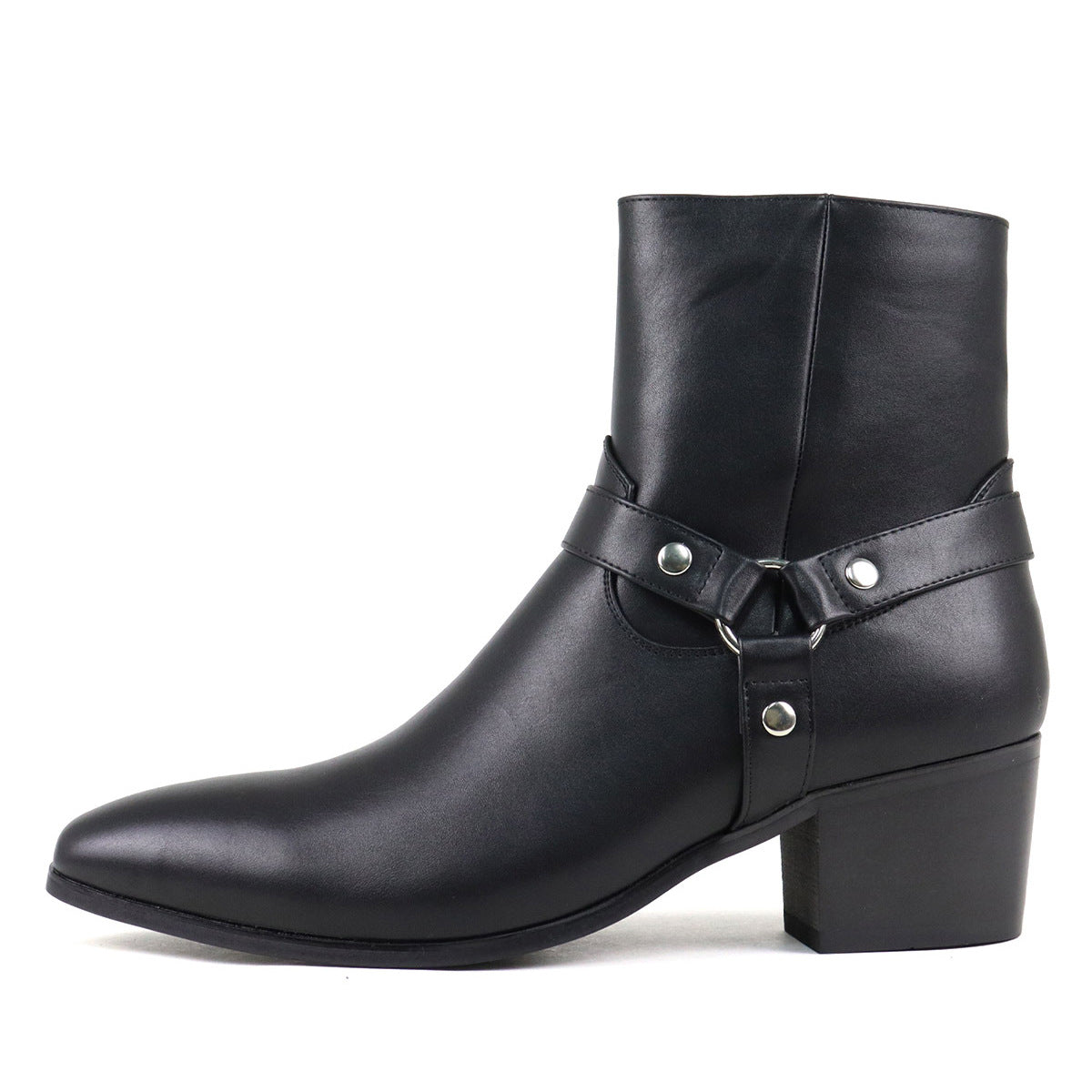 Mens Pointed Toe Ankle Boots - Side Zip Mid Heel Chelsea Style