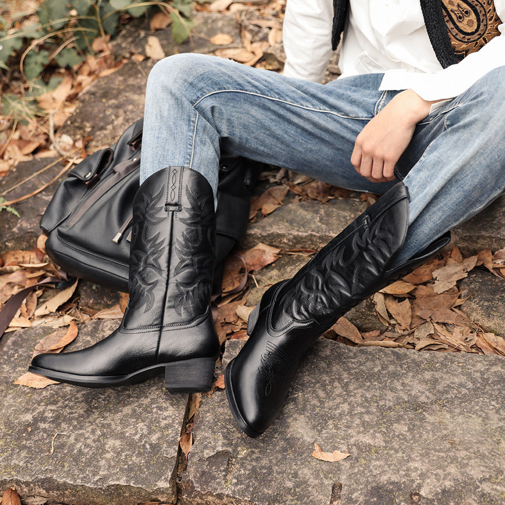 Men's Embroidered Western Cowboy Boots with Wooden Heel - Classic Fall Boots