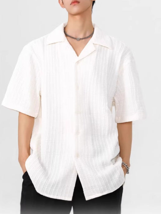 Mens Cuban Collar Shirt - Grid Check Open Front Short Sleeve