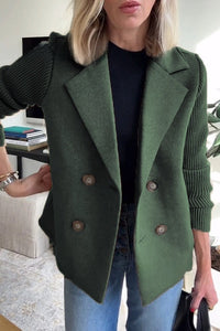 Womens Double Breasted Coat - Suit Collar Textured Hip Length