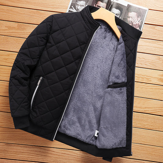 Mens Fleece Lined Winter Jacket - Stand Collar Zip Up Padded Coat