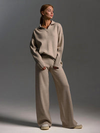 Women's Knit Hoodie and Wide Leg Pants Set - Two Piece Knitted Lounge Set, Cozy Fall & Winter Co Ord