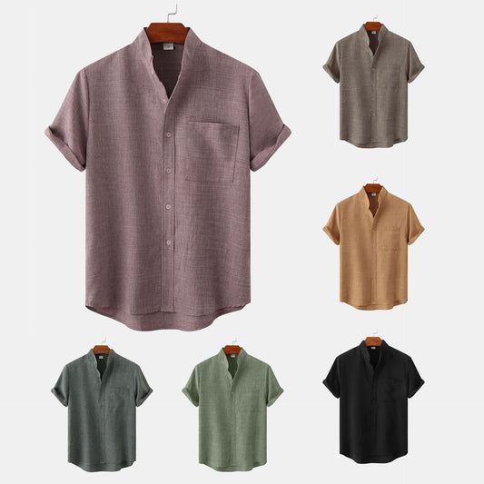Mens Stand Collar Shirt - Short Sleeve Button Up, Sizes to 6XL