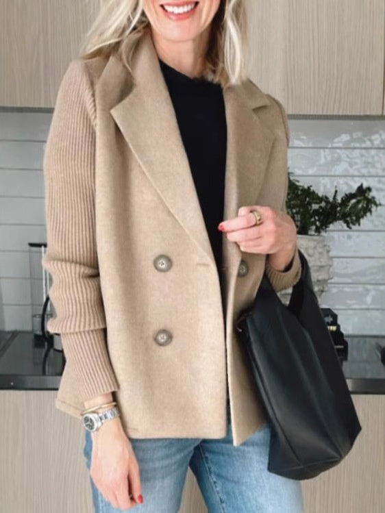 Womens Double Breasted Coat - Suit Collar Textured Hip Length
