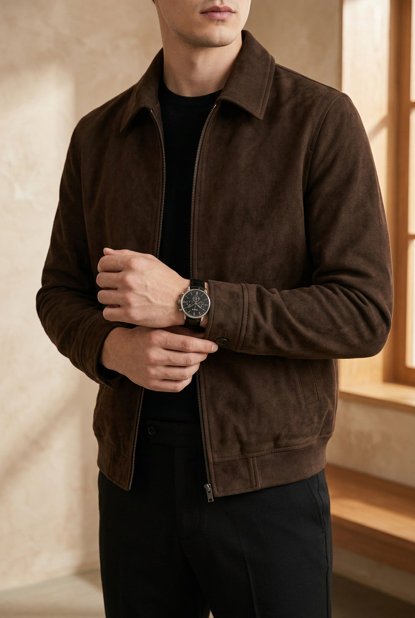 Men's Suede Shirt Jacket - Button Up Collared Shacket for Fall