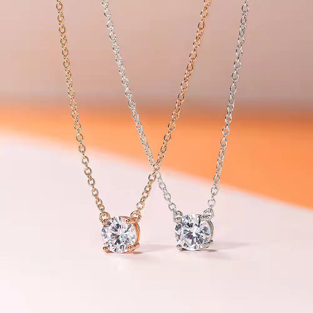 Gold Plated Clavicle Necklace - Simulated Diamond Pendant Chain