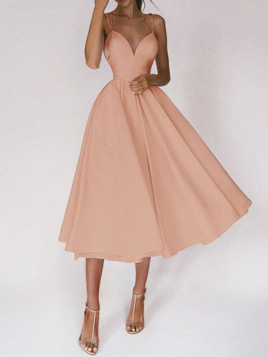 Womens A-Line Midi Dress - Sleeveless Strappy Flared Summer Dress