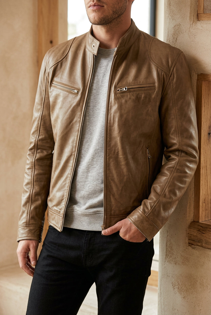 Men's Faux Leather Moto Jacket - Stand Collar Zip Up Biker Jacket for Fall
