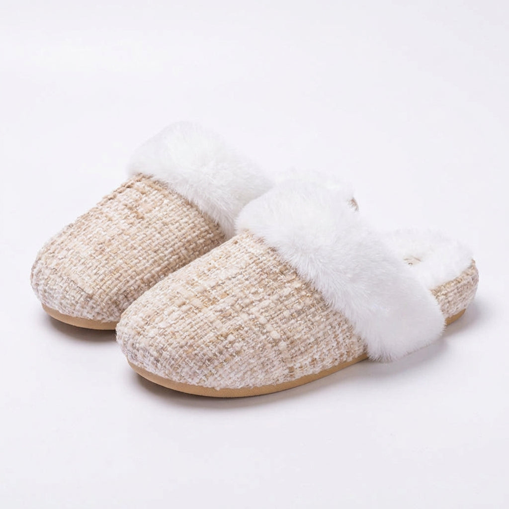 Women's Plush Lined Tweed Slippers - Fuzzy Trim Slip On House Shoes, Warm Winter Slippers