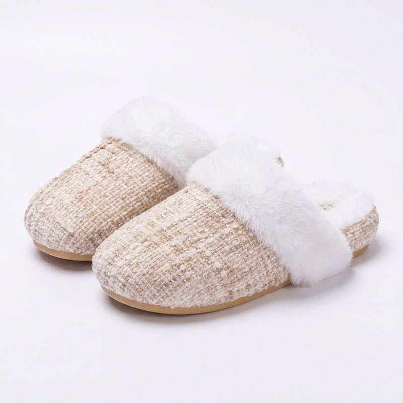 Women's Plush Lined Tweed Slippers - Fuzzy Trim Slip On House Shoes, Warm Winter Slippers