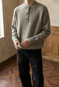 Men's Henley Sweater - Button Collar Knit Pullover for Fall & Winter