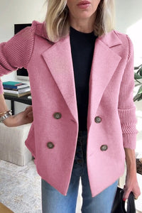 Womens Double Breasted Coat - Suit Collar Textured Hip Length
