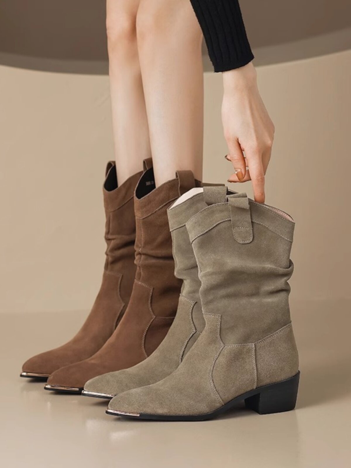 Womens Slouch Boots - Pointed Toe Mid Calf Western Suede Boots