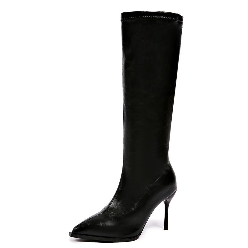 Women's Stiletto Knee High Boots - Pointed Toe Faux Leather Tall Boots