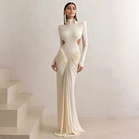 Womens Bodycon Maxi Dress - High Neck Backless Long Sleeve