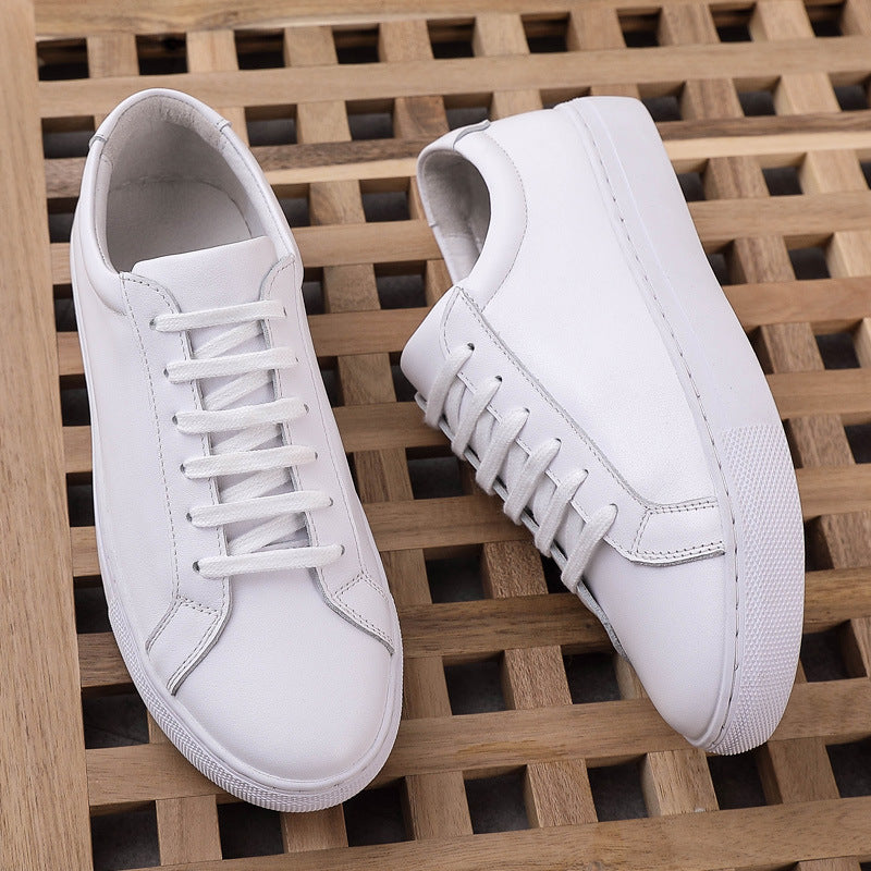 Genuine Cowhide Leather Sneakers - Unisex White Low Top Trainers