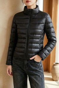 Women's Cropped Puffer Jacket - Lightweight Stand Collar Down Jacket for Fall & Winter