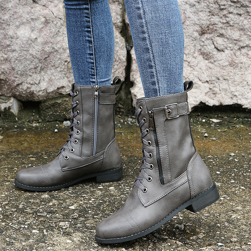 Women's Lace Up Mid Calf Combat Boots - Side Zip Low Heel Moto Boots for Fall & Winter