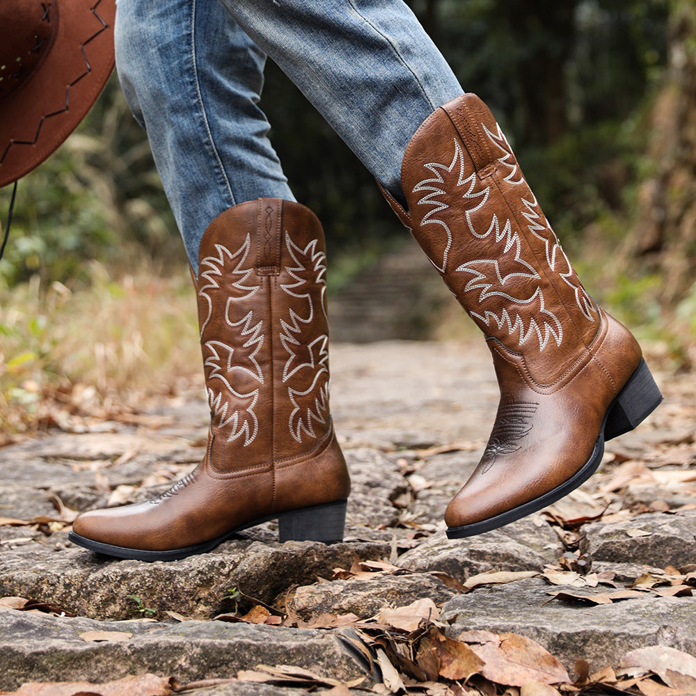 Men's Embroidered Western Cowboy Boots with Wooden Heel - Classic Fall Boots