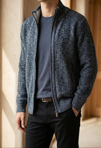 Men's Fleece Lined Cardigan - Full Zip Stand Collar Knit Sweater Jacket, Warm Winter Layer