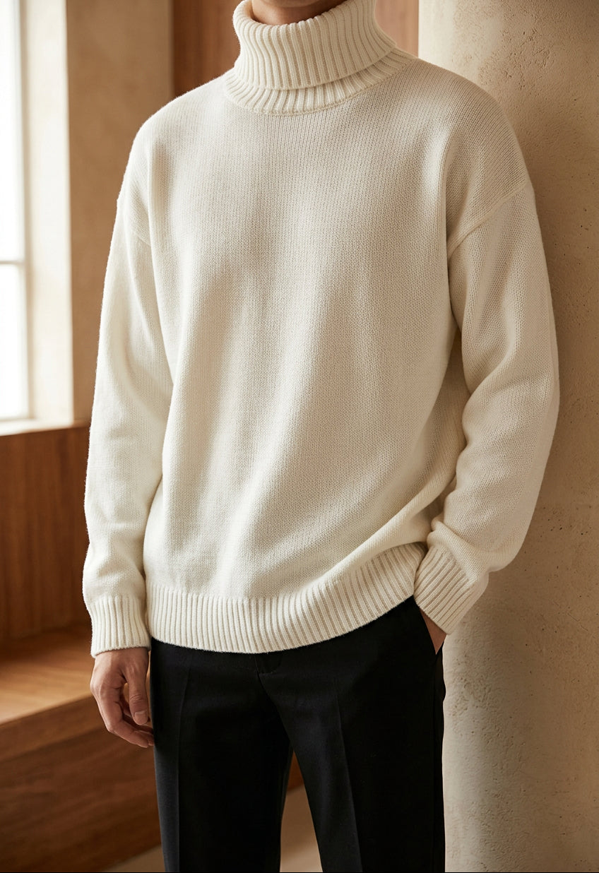 Men's Chunky Turtleneck Sweater - Oversized Knit Pullover, Warm Winter Jumper