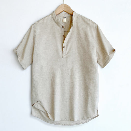 Mens Linen Blend Polo Shirt - Stand Collar Short Sleeve Summer Top
