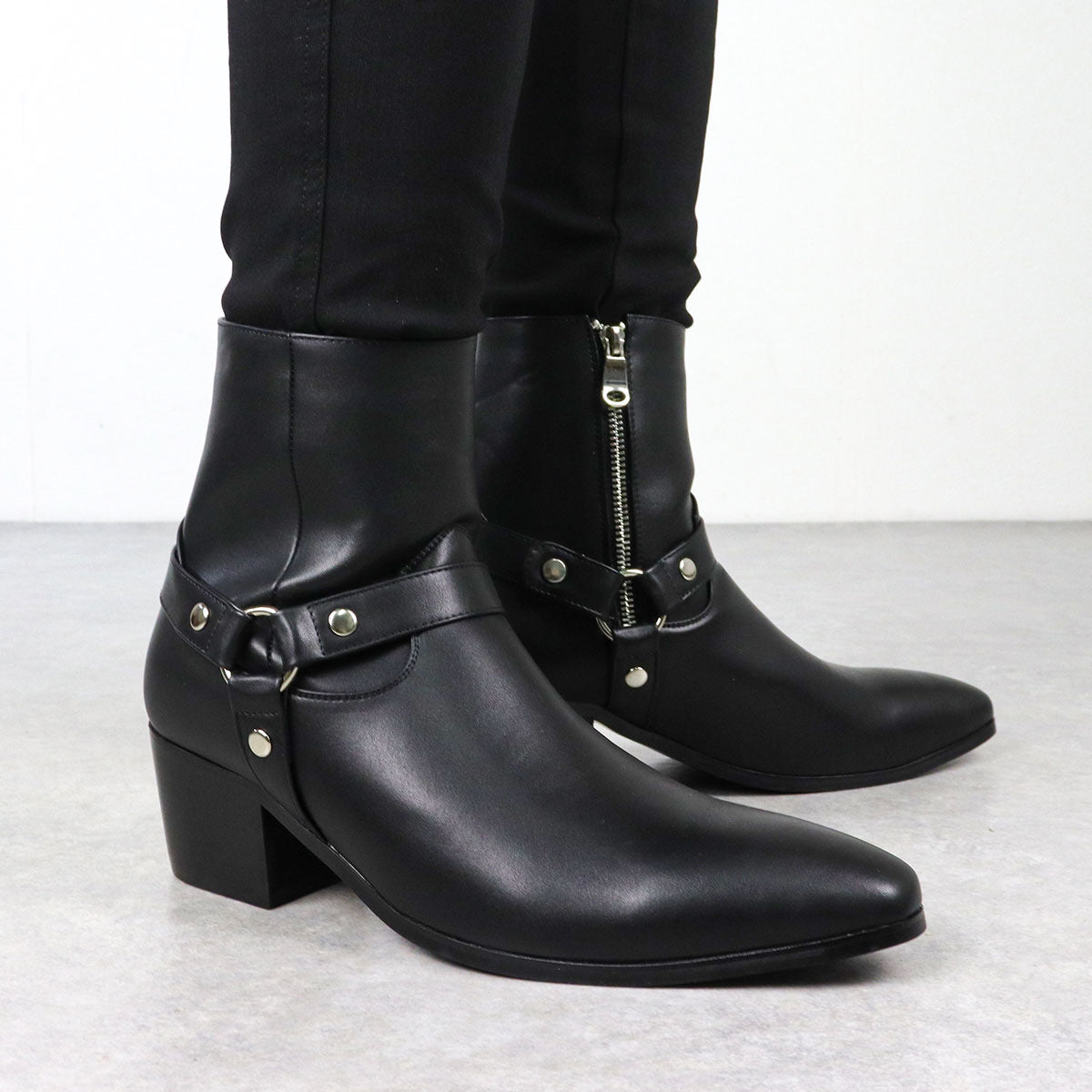Mens Pointed Toe Ankle Boots - Side Zip Mid Heel Chelsea Style
