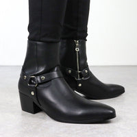 Mens Pointed Toe Ankle Boots - Side Zip Mid Heel Chelsea Style