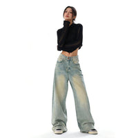 Mens Wide Leg Jeans - High Waist Washed Vintage Denim Trousers