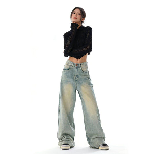 Mens Wide Leg Jeans - High Waist Washed Vintage Denim Trousers