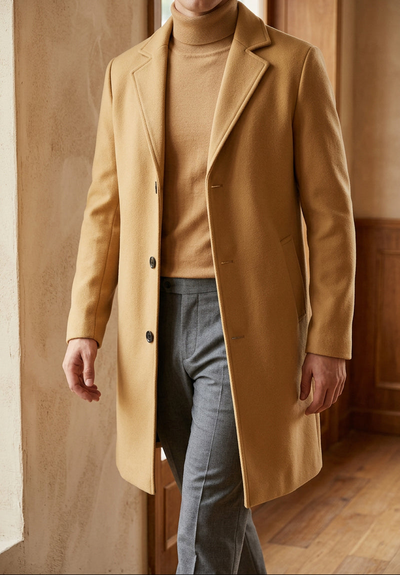 Men's Long Overcoat - Single Breasted Notch Lapel Winter Coat, Slim Fit Topcoat