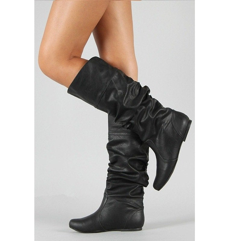 Women's Slouch Mid Calf Boots - Flat Faux Leather Pull On Boots for Fall