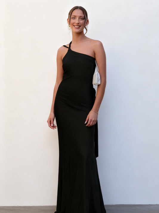 Womens Backless Halter Maxi Dress - Sleeveless Slant Collar