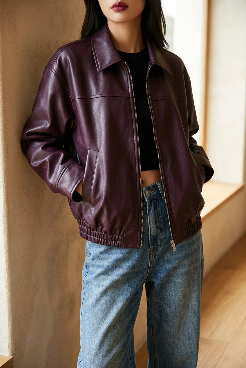 Women's Oversized Faux Leather Jacket - Vintage Zip Up Bomber Jacket for Fall