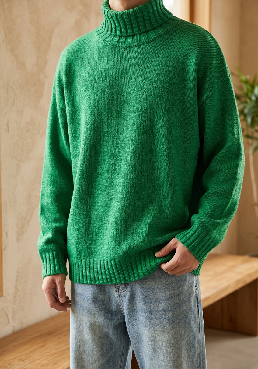 Men's Chunky Turtleneck Sweater - Oversized Knit Pullover, Warm Winter Jumper
