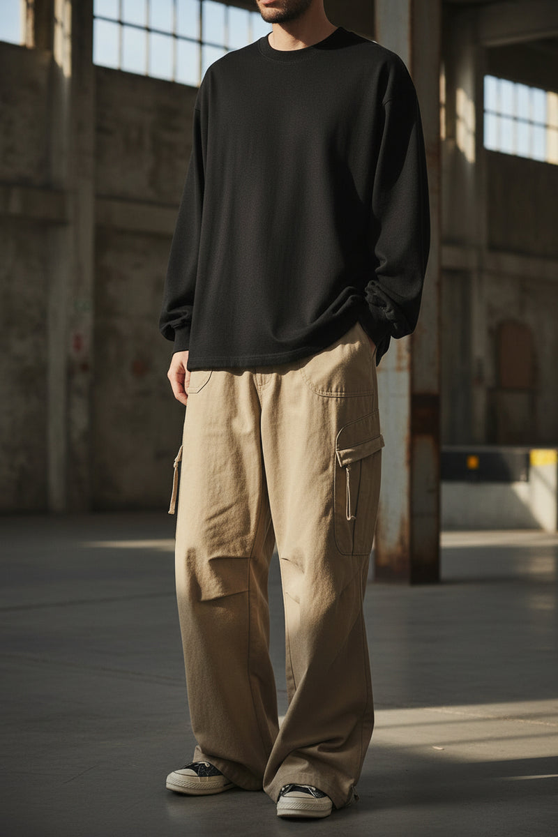 Mens 100% Cotton Cargo Trousers - Utility Pants, Streetwear Fit