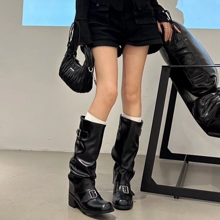 Women's Slouch Knee High Boots - Block Heel Faux Leather Tall Boots for Fall