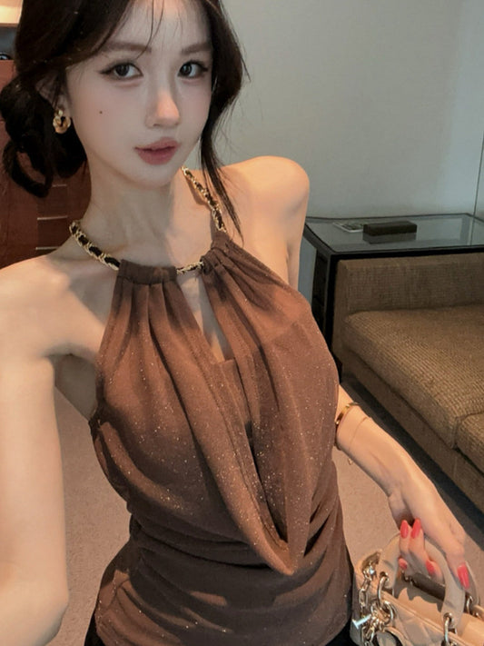 Womens Halter Neck Top - Sleeveless Backless Fitted Cami