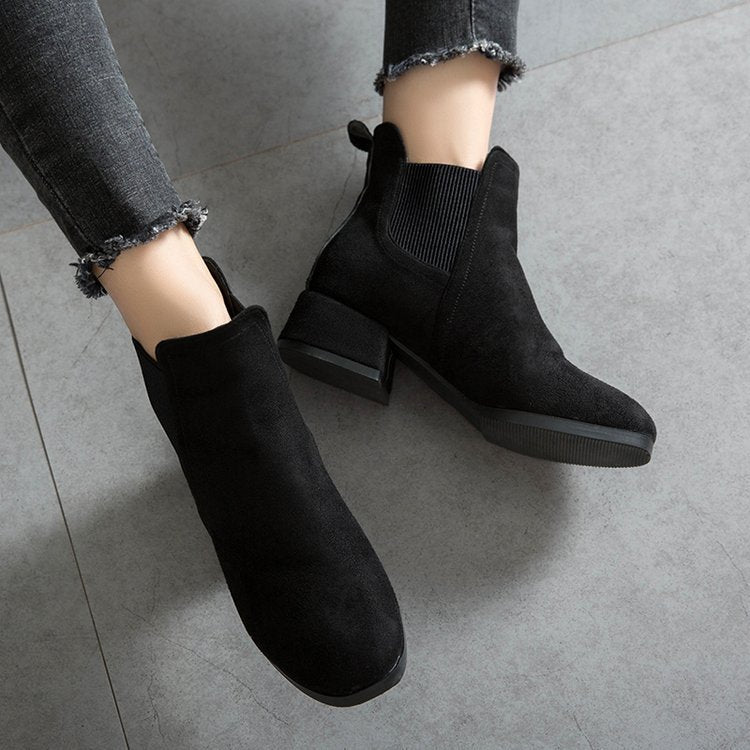 Women's Suede Chelsea Boots - Block Heel Slip On Ankle Boots for Fall