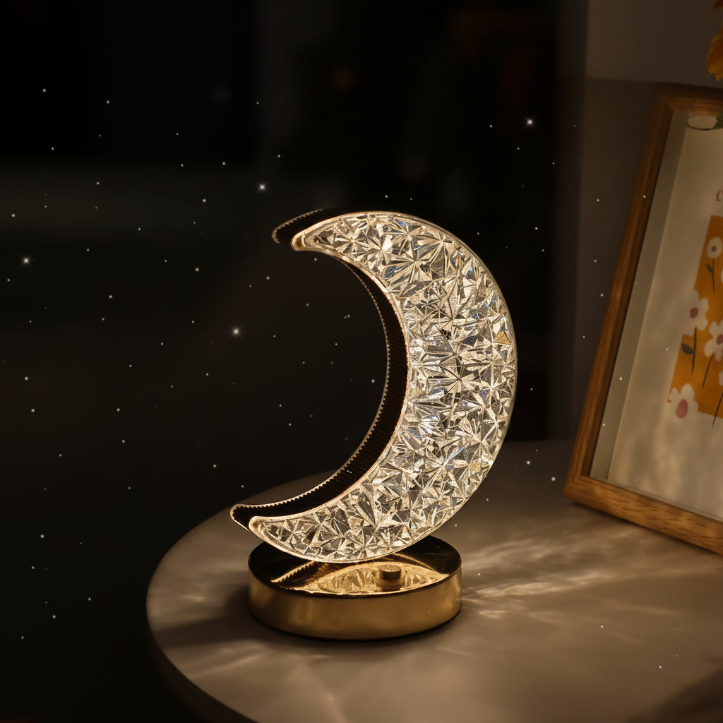 Moon Table Lamp with USB Charging - Crystal Crescent Moon Night Light Bedside Lamp for Bedroom Decor
