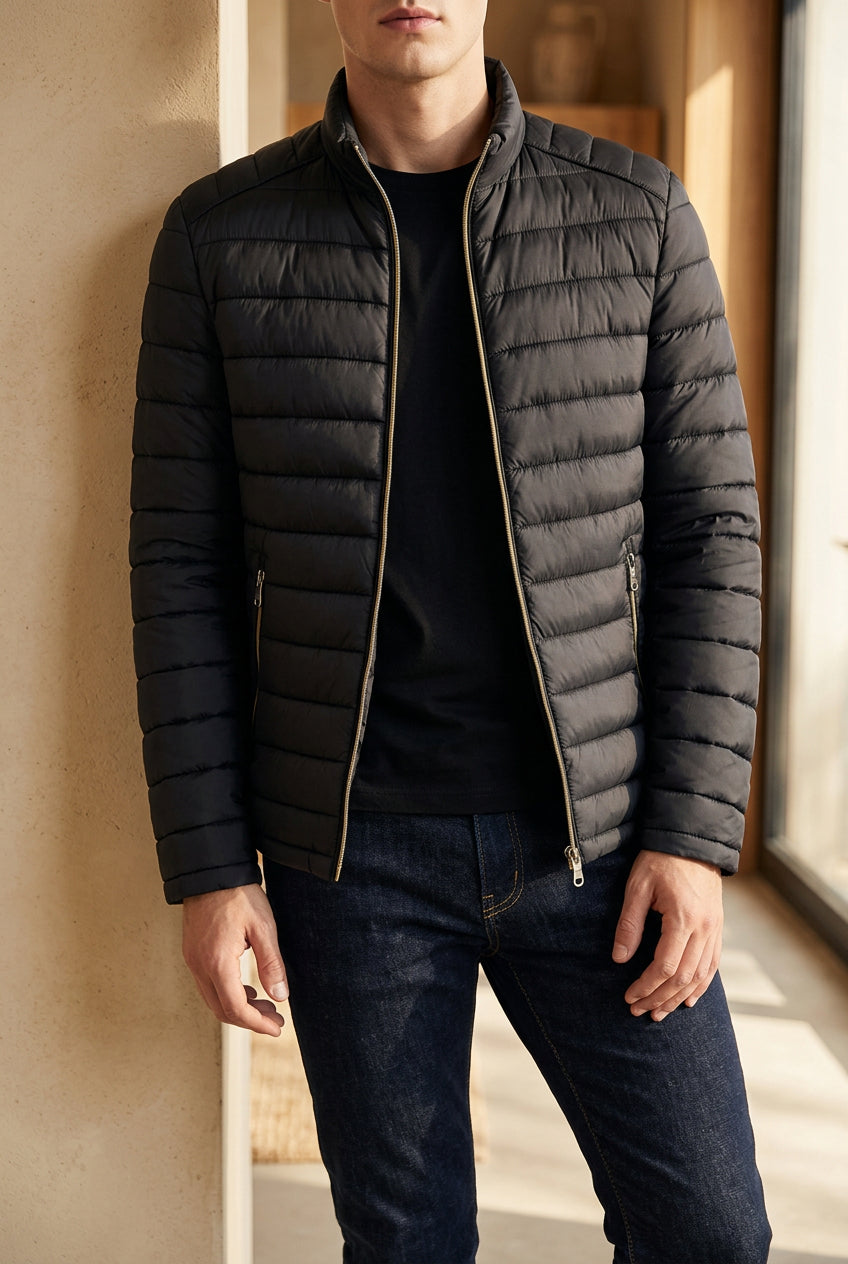 Men's Lightweight Puffer Jacket - Stand Collar Quilted Winter Coat
